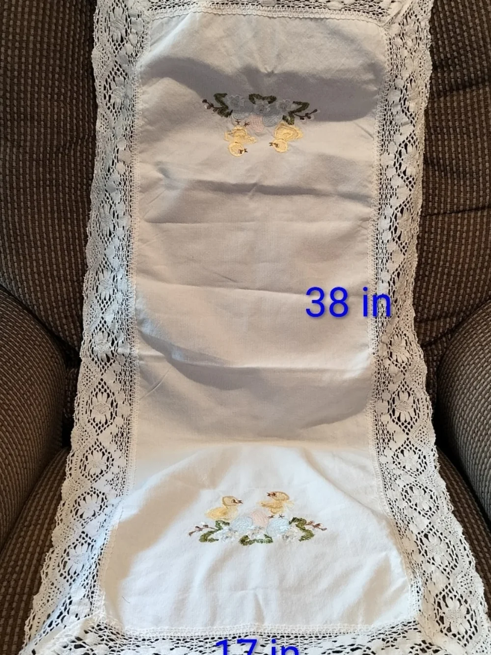Vintage Hand-Embroidered White Lace Table Runner/Doily-Yellow Duckling Motif